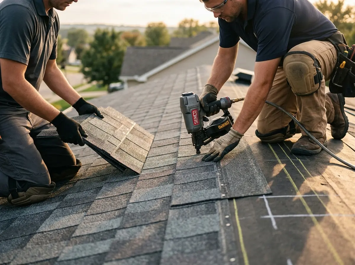 Professional roofer working on a residential roof in Greenwood
